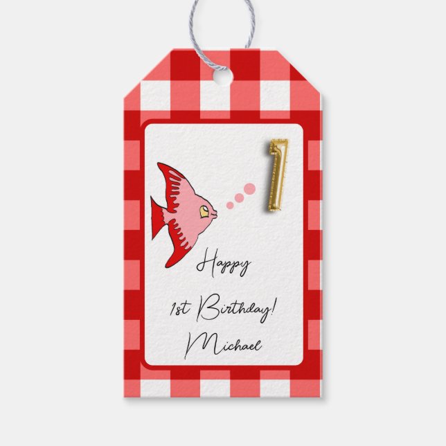 Etiqueta Para Presente Primeiro aniversario Feliz de Gingham Vermelho de  (Frente)