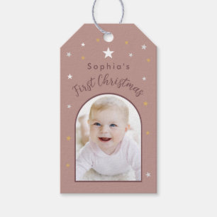 Etiqueta Para Presente Primeiro Natal da Bebê Foto Personalizada Old Rose