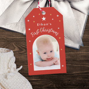 Etiqueta Para Presente Primeiro Natal do Bebê Foto Personalizada Festivo