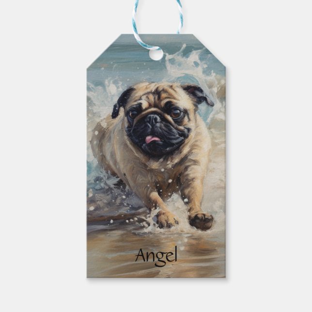 Etiqueta Para Presente Pug Feliz na Praia personalizável (Frente)