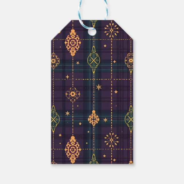 ETIQUETA PARA PRESENTE PURPLE GREEN GOLD CHRISTMAS PLAID PATTERN (Frente)