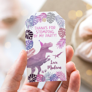 Etiqueta Para Presente Púrpura Rosa Três Rapariga Rex Dinossauro Aniversá