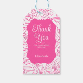 Etiqueta Para Presente Quadro Cor-de-Rosa e Branco Floral Aniversário Obr