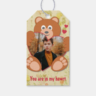 Etiqueta Para Presente Quadro de Foto do Coração do Urso Amarelo Verde Mo