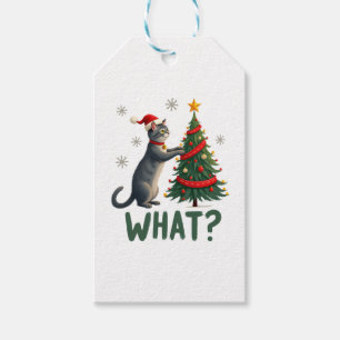 Etiqueta Para Presente Que Gato Engraçado Empurrando Árvore de Natal Sobr