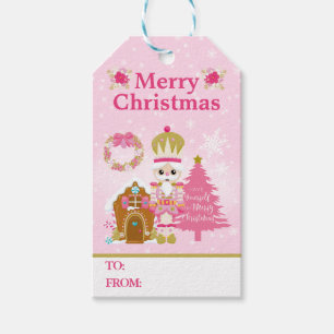 Etiqueta Para Presente Quebra-Nozes Rosa e Casa de Biscoito de Natal
