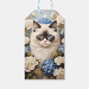 Etiqueta Para Presente Ragdoll Cat Com Flores De Hydrangea Azuis