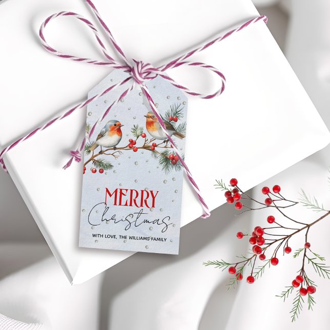 Etiqueta Para Presente Ramo com pássaros robin e bagas Natal (Criador carregado)