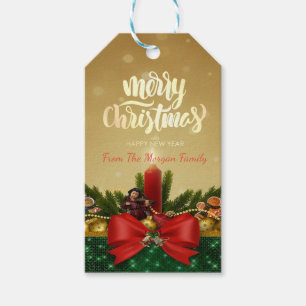 Etiqueta Para Presente Ramos de árvore,Laço Vermelho,Vela, Feliz Natal