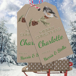 Etiqueta Para Presente Ramos Rustic Kraft Winter Sparrow Bird & Pine