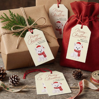 Etiqueta Para Presente Rapariga Raposa Ártica com Chapéu de Papai Noel &
