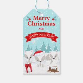 Etiqueta Para Presente Raposas Árticas de Inverno Cena Nevada Feliz Natal