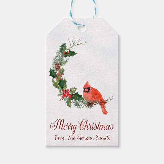 Etiqueta Para Presente Red Cardinal Bird Holly Berry Natal (Frente)