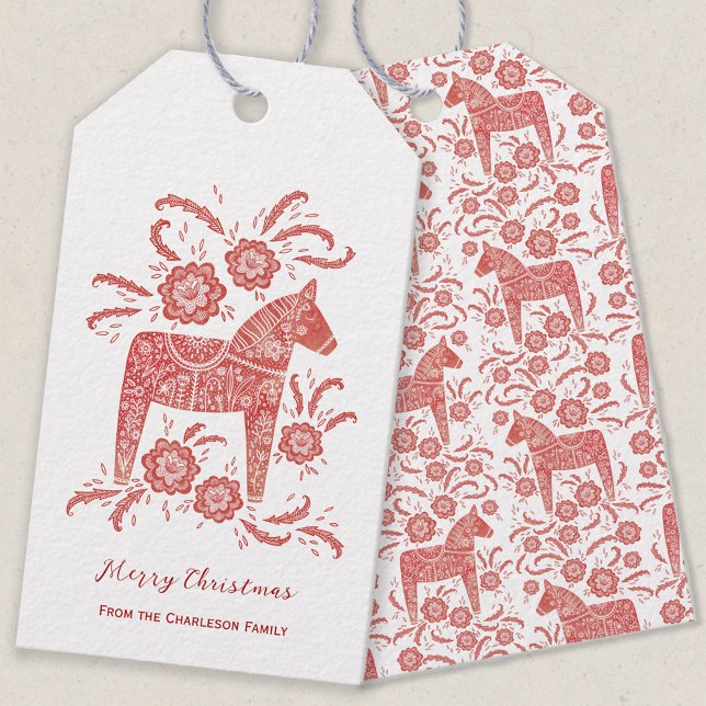 Etiqueta Para Presente Red Dala Horse (Swedish Dala horse red and white Merry Christmas personalized gift tag)