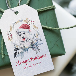 Etiqueta Para Presente Red Santa Hat Siberian Husky Pup Wreath Holiday