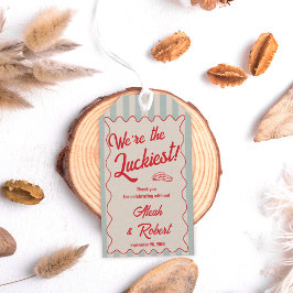 Etiqueta Para Presente Red Script Blue Stripes Retro Wedding