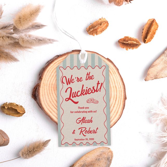 Etiqueta Para Presente Red Script Blue Stripes Retro Wedding (Criador carregado)