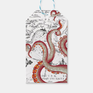 Etiqueta Para Presente Red Tentacle octopus Vintage Map Náutico Chic