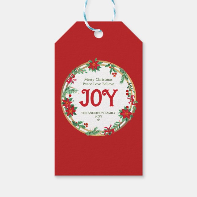 Etiqueta Para Presente Red White Poinsettia Wreath Retro Feliz Natal (Frente)