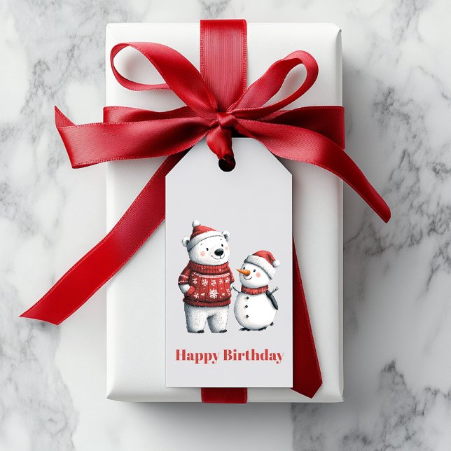 Etiqueta Para Presente Red Winter Bear & Snowmen | Wonderland (Criador carregado)