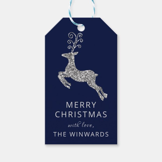 Etiqueta Para Presente Reindeer Azul e Silver de Natal Feriado (Frente)