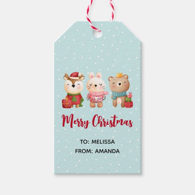 Etiqueta Para Presente Reindeer, Urso e Coelho Feliz Natal (Frente)