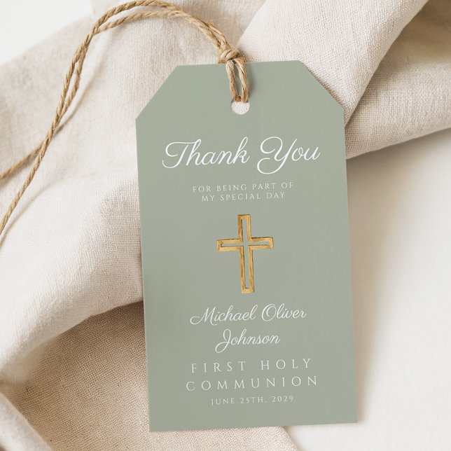 Etiqueta Para Presente Religião Cruzada Primeira Comunhão Verde (Religious Cross Sage Green First Communion Gift Tags)