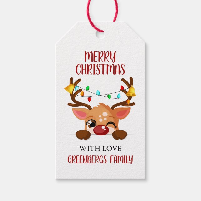 Etiqueta Para Presente Rena Caprichosa Piscando com Luzes de Natal (Frente)