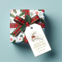 Etiqueta Para Presente Rena de Natal Dourada Branca