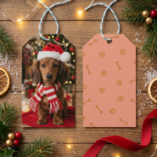 Etiqueta Para Presente Retrato de Natal de Dachshund Fofo com Chapéu de P