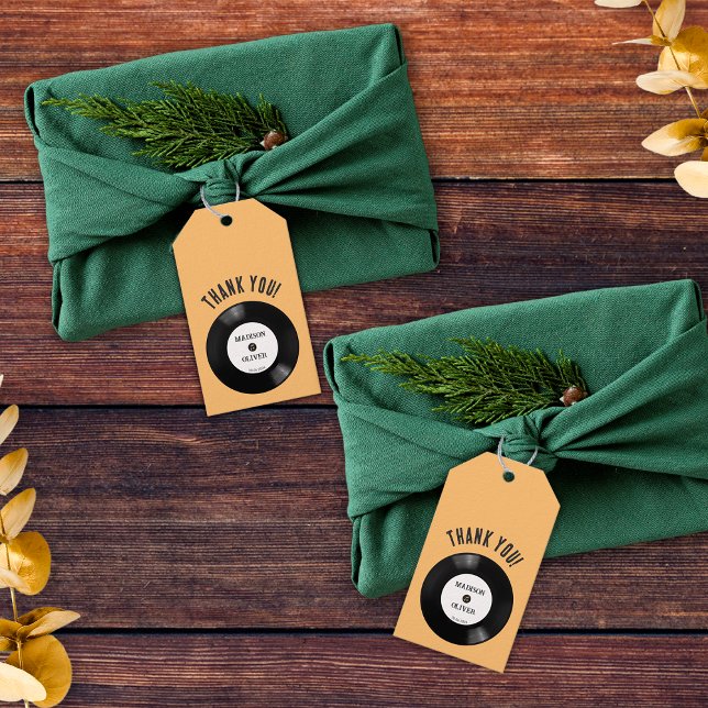 Etiqueta Para Presente Retro Black White Vinyl Record Casamento Obrigado (Criador carregado)