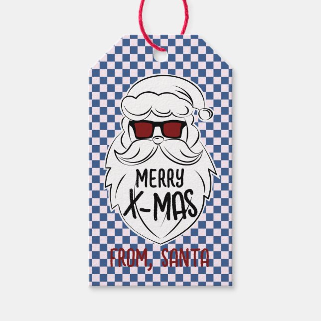 Etiqueta Para Presente Retro Blue Pink Checkered Santa Claus Christmas  (Frente)