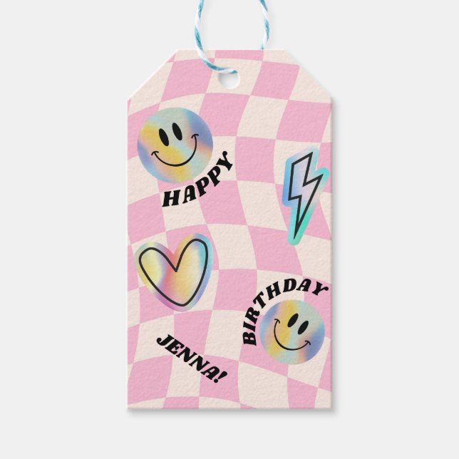 Etiqueta Para Presente Retro Emoji Sorri Aniversário Para Meninas (Frente)