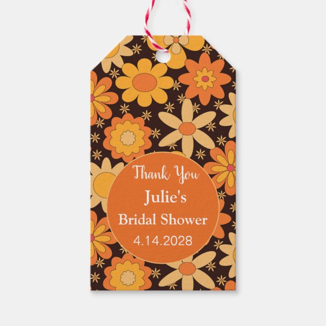 Etiqueta Para Presente Retro Groovy Floral Laranja amarelo Obrigado (Frente)