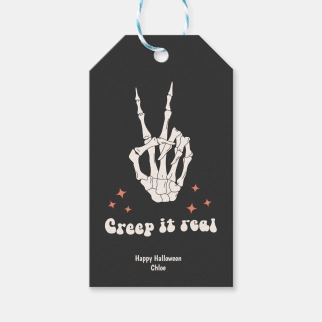 Etiqueta Para Presente Retro Halloween Chorre o esqueleto real (Frente)