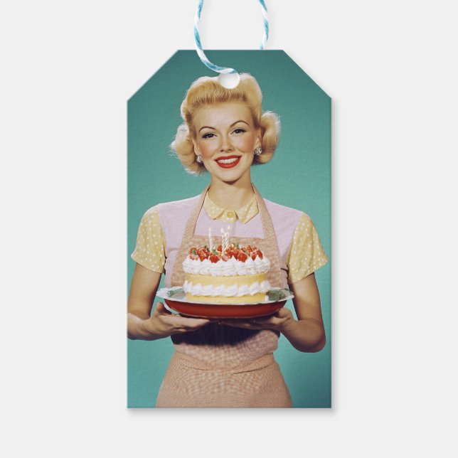 Etiqueta Para Presente Retro mãe segurando um bolo de celebração (Frente)