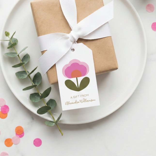 Etiqueta Para Presente Retro Pink Cute Flower Personalized From Name (Criador carregado)