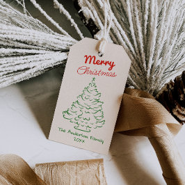 Etiqueta Para Presente Retro Red Green Hand Drawn Christmas Tree Vintage