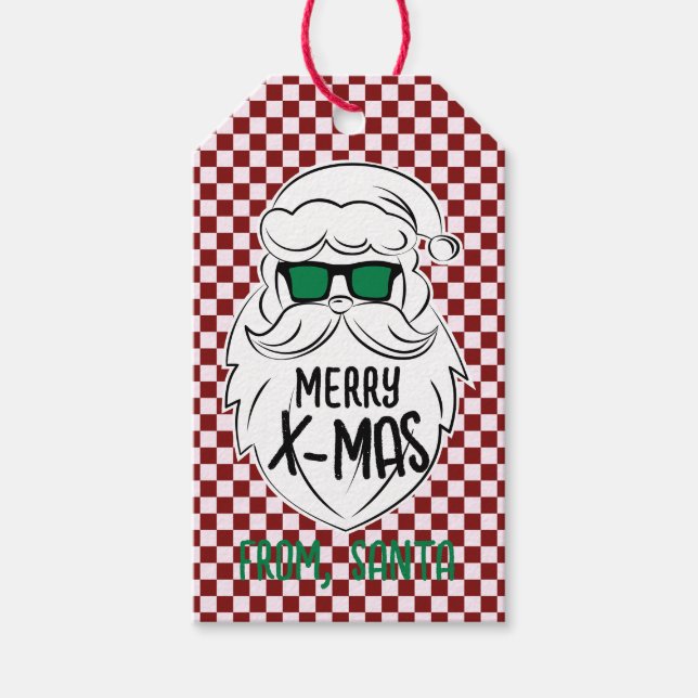 Etiqueta Para Presente Retro Red Pink Checkered Santa Claus Christmas  (Frente)