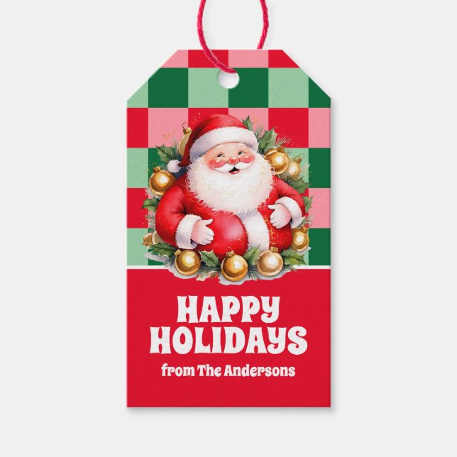 Etiqueta Para Presente Retro Santa Claus Tartan Xadrez Natal (Frente)