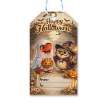 Rex e coruja fantasma do Halloween dinossauro no q