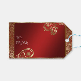 Etiqueta Para Presente Rolos Dourados Elegantes e Flocos de Neve Vermelha