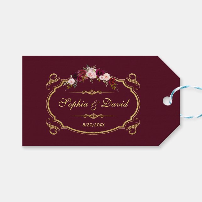 Etiqueta Para Presente Românico Burgundy Marsala Casamento outono Floral (Frente (horizontal))