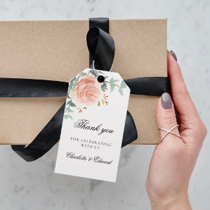Etiqueta Para Presente Rosa de casado obrigado verde floral de ouro