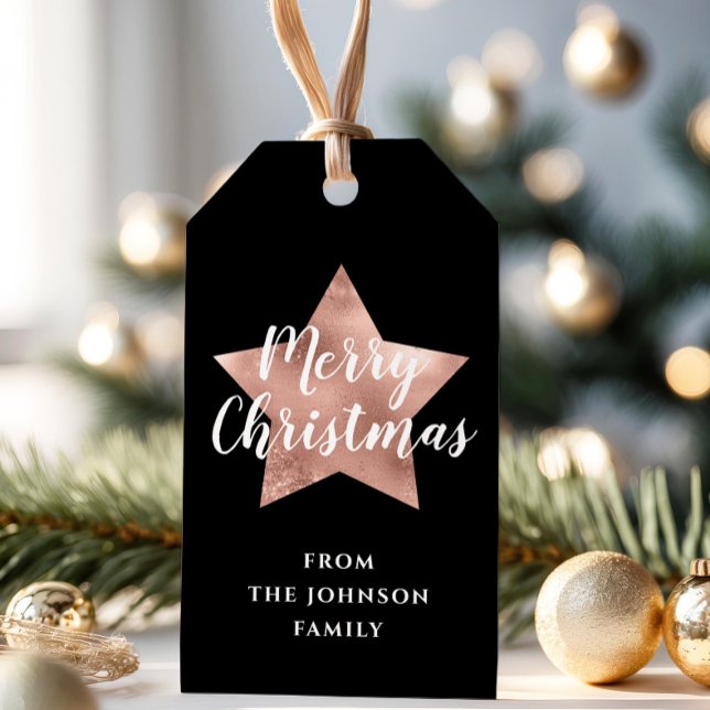 Etiqueta Para Presente Rosa Dourada Estrela Negra Feliz Natal (Rose Gold Star Black Merry Christmas Gift Tags)
