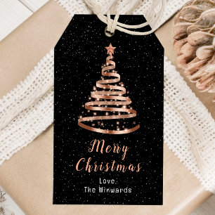 Etiqueta Para Presente Rosa Dourado e Faixa Preta Árvore Feliz Natal