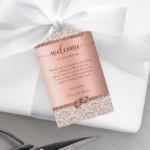 Etiqueta Para Presente Rosa Dourado Glitter Damask Monograma Boas-vindas 