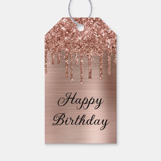 Etiqueta Para Presente Rosa Dourado Glitter Drives Foil Feliz Aniversário (Frente)
