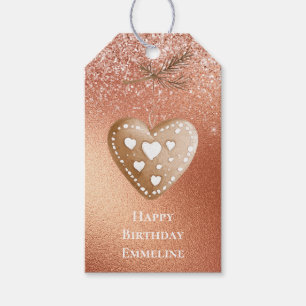 Etiqueta Para Presente Rosa Dourado Glitter Gingerpão Coração Aniversário