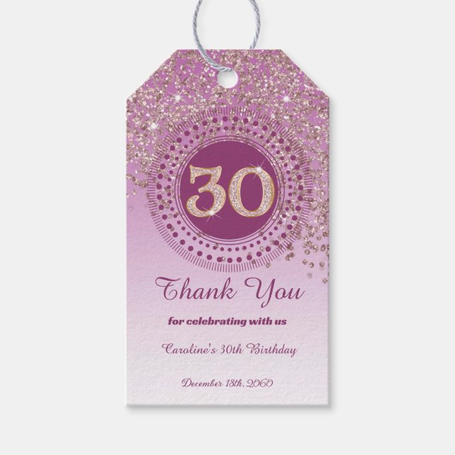 Etiqueta Para Presente Rosa Dourado Moderno com Brilho no 30º Aniversário (Frente)